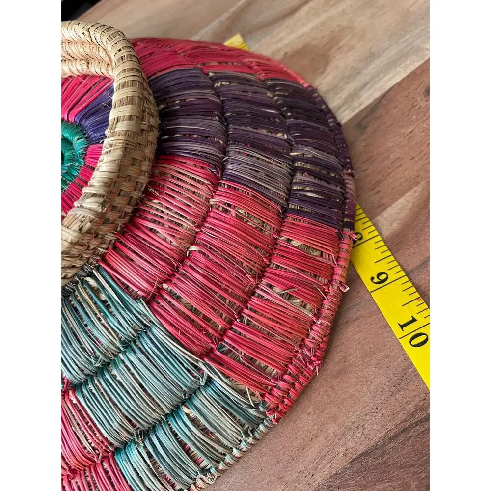 Colorful Vintage Boho Oval Hand Woven Basket Bowl Coiled African Footed Artisan